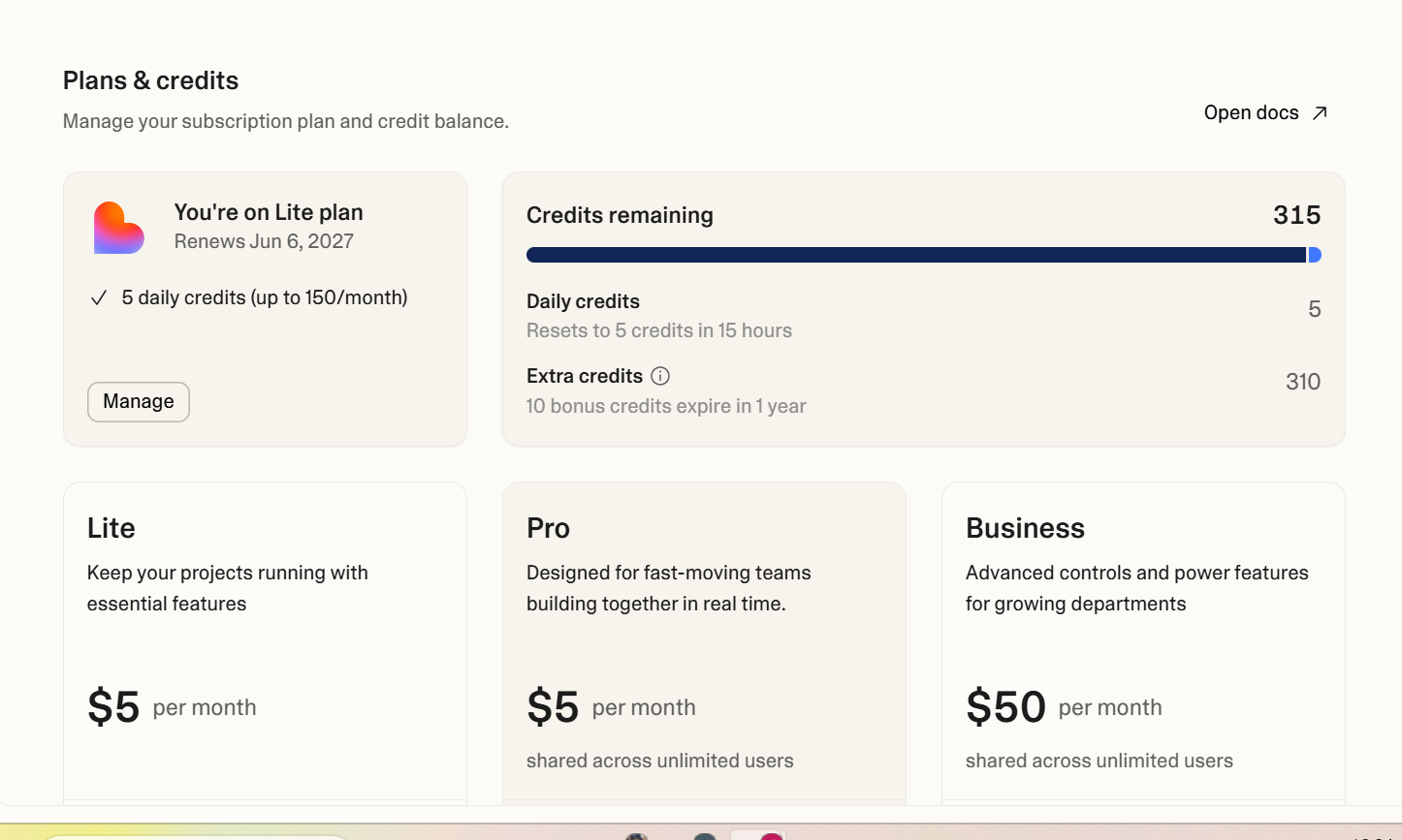 Lovable Lite plan running with topped-up credits