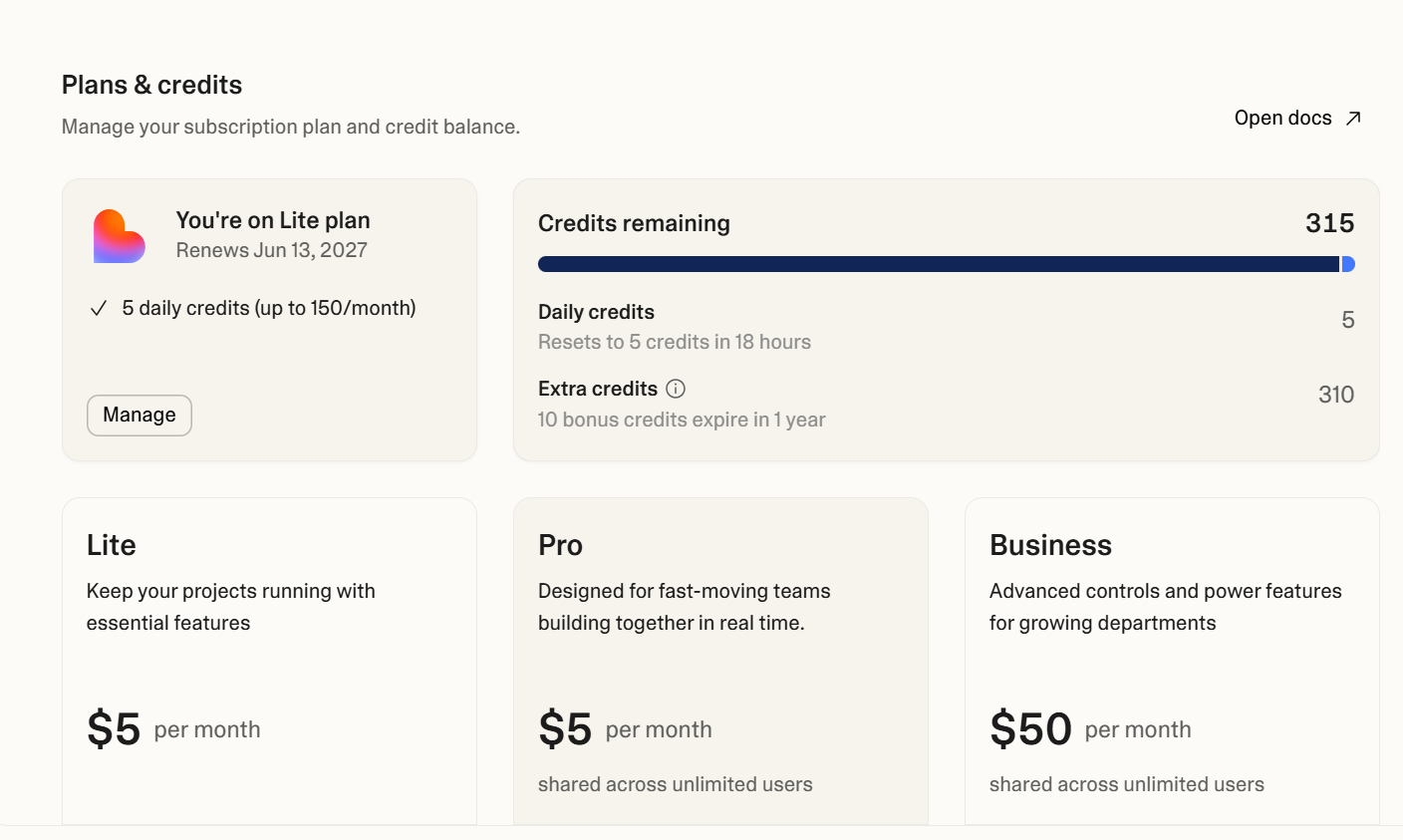 Lovable Lite plan with 315 credits