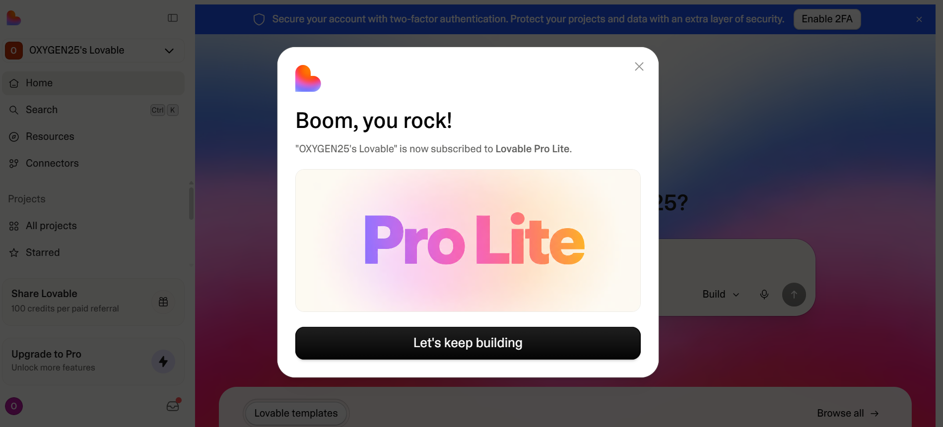 Lovable Pro Lite subscription activated