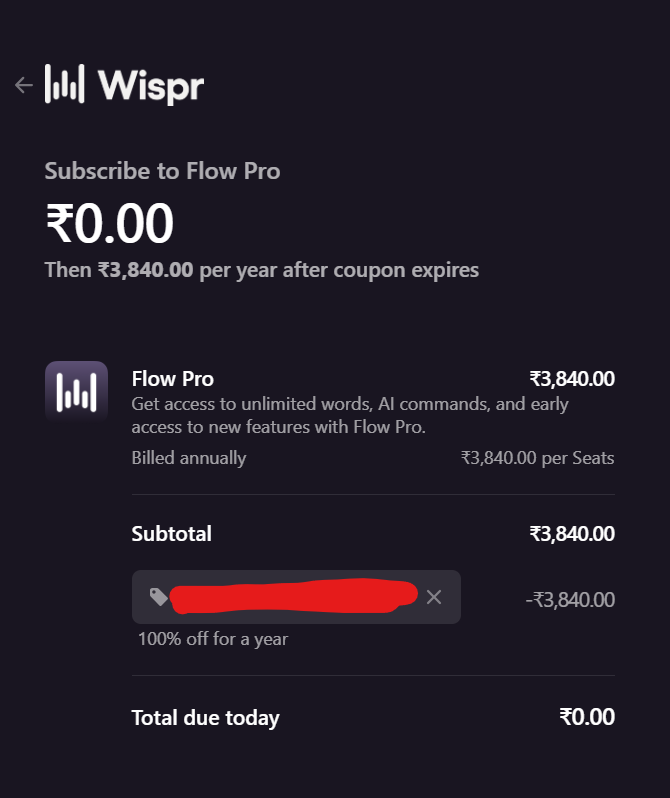 Wispr Flow Pro subscription confirmation